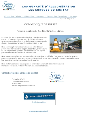 Fermeture exceptionnelle de la déchetterie située à Sorgues Fermeture exceptionnelle de la déchetterie située à Sorgues