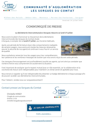 Réouverture de la déchetterie située à Sorgues Réouverture de la déchetterie située à Sorgues