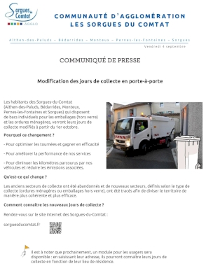 Modification des jours de collecte en porte-à-porte Modification des jours de collecte en porte-à-porte