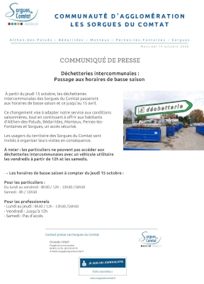 Déchetteries intercommunales : Passage aux horaires de basse saison 
