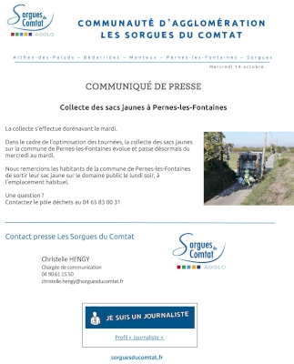 Collecte des sacs jaunes à Pernes-les-Fontaines Collecte des sacs jaunes à Pernes-les-Fontaines